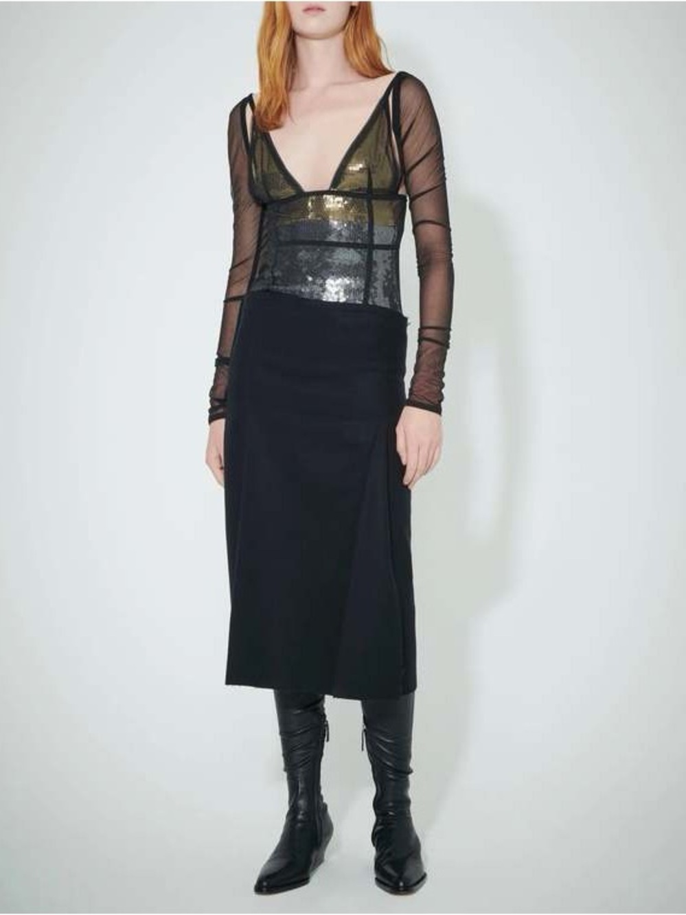 NWT Victoria Beckham Long Sleeve Cami Dress V Neck Sequin Midi Silk Sz US 4